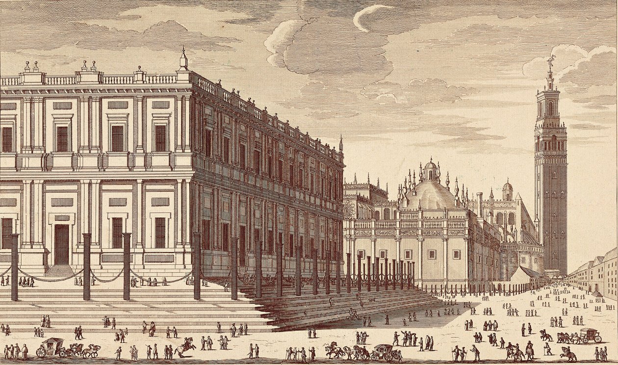 Lonja de Comercio ("Handelsbyggnad") och en delvis vy av Sevillas katedral. Gravyr. SPANIEN. MADRID (AUTONOM REGION). Madrid. Nationalbiblioteket av Unbekannter Künstler