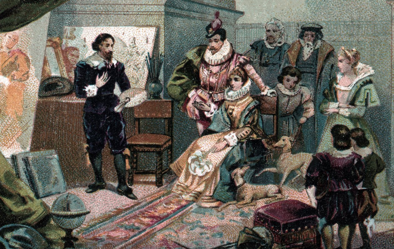 Ludvig XIII och Anne av Österrike i Rubens ateljé, sent 1800-tal (kromolitografi) av Unbekannter Künstler