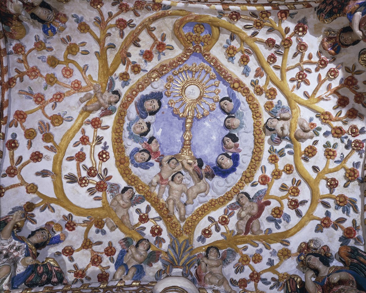 Låg vinkelvy av en väggmålning på kupolen av en kyrka, Santo Domingo Church, Oaxaca, Oaxaca State, Mexiko av Benjamin Baud