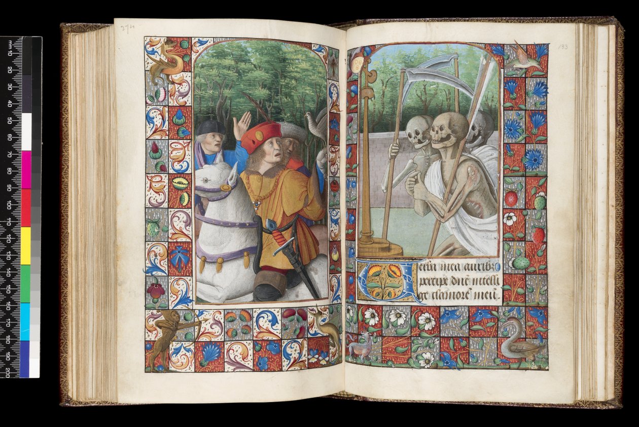 MS 92 f.132v-133r, Office of the Dead, Matins, The Three Living and the Three Dead, från en timbok, västra Frankrike, användning av Rom, 1490-1510 av Unbekannt