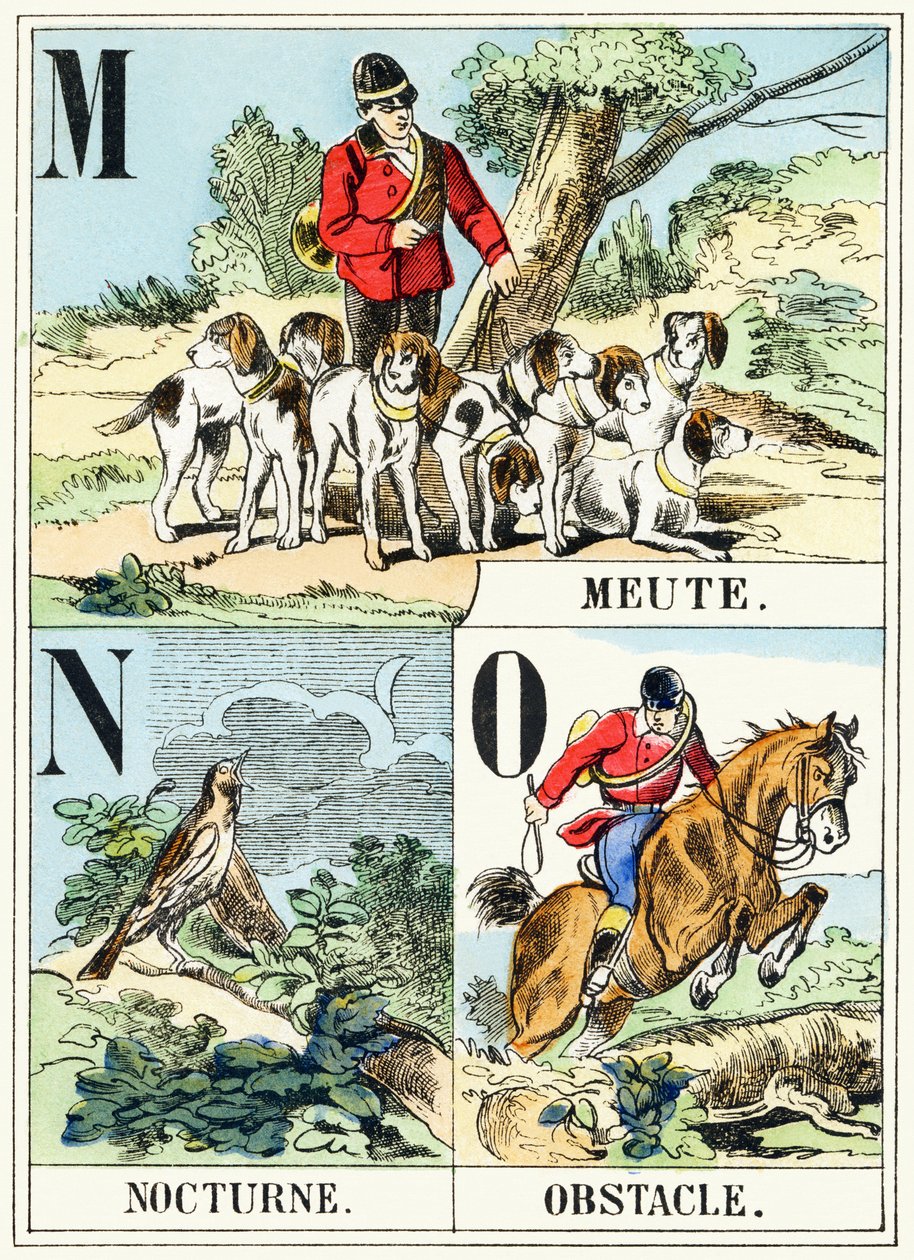 M N O : Meute, Nocturne, Hinder - Jaktalfabetet, ca 1890 (gravyr) av Unbekannt