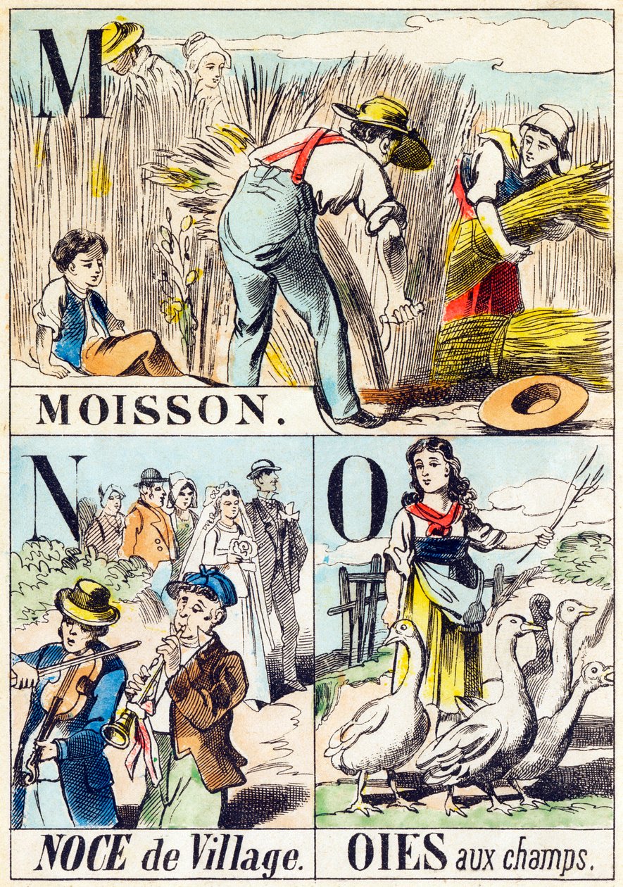 M N O : Moisson, Noce de village, Oies aux champs - "Alfabetet på gården" slutet av 1800-talet (gravyr) av Unbekannt