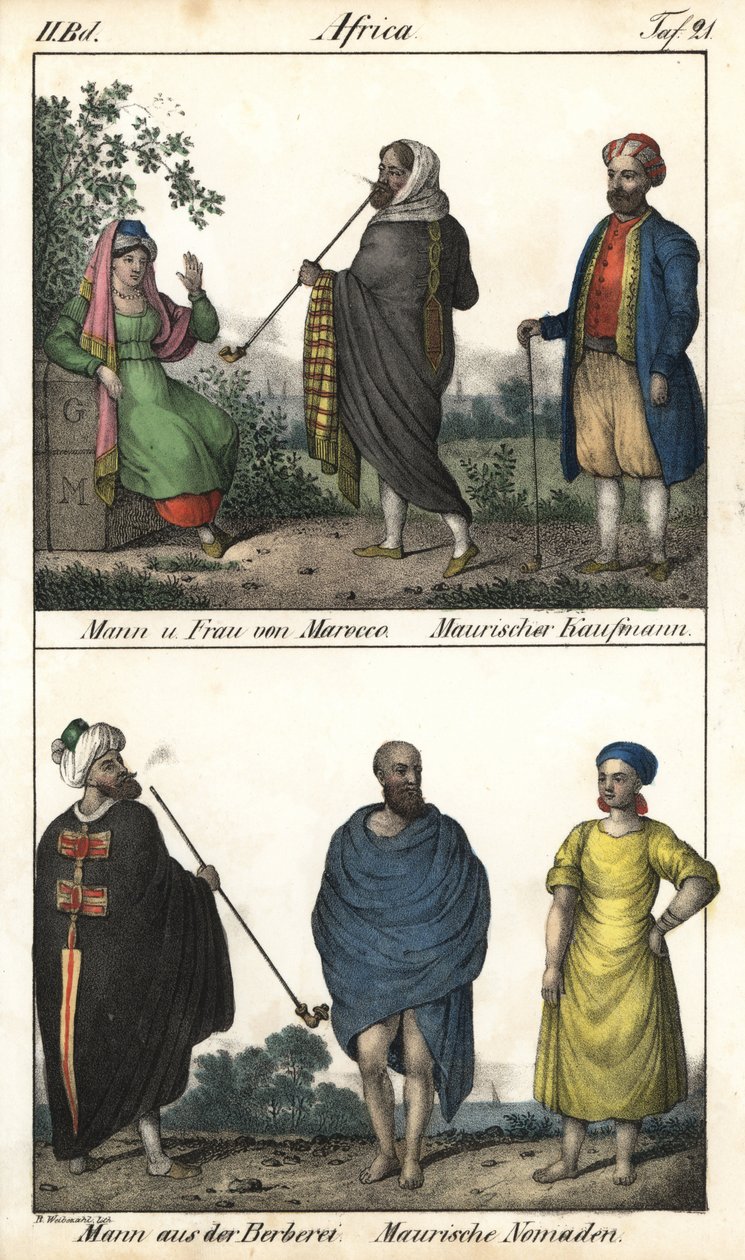 Man och kvinna från Marocko, en morisk köpman, ovan, och ett par marockaner, en morisk köpman och nedan, en berberman i kappa och ett par moriska nomader. Litografi för boken: "Galerie complete en tableaux fideles des peuples d