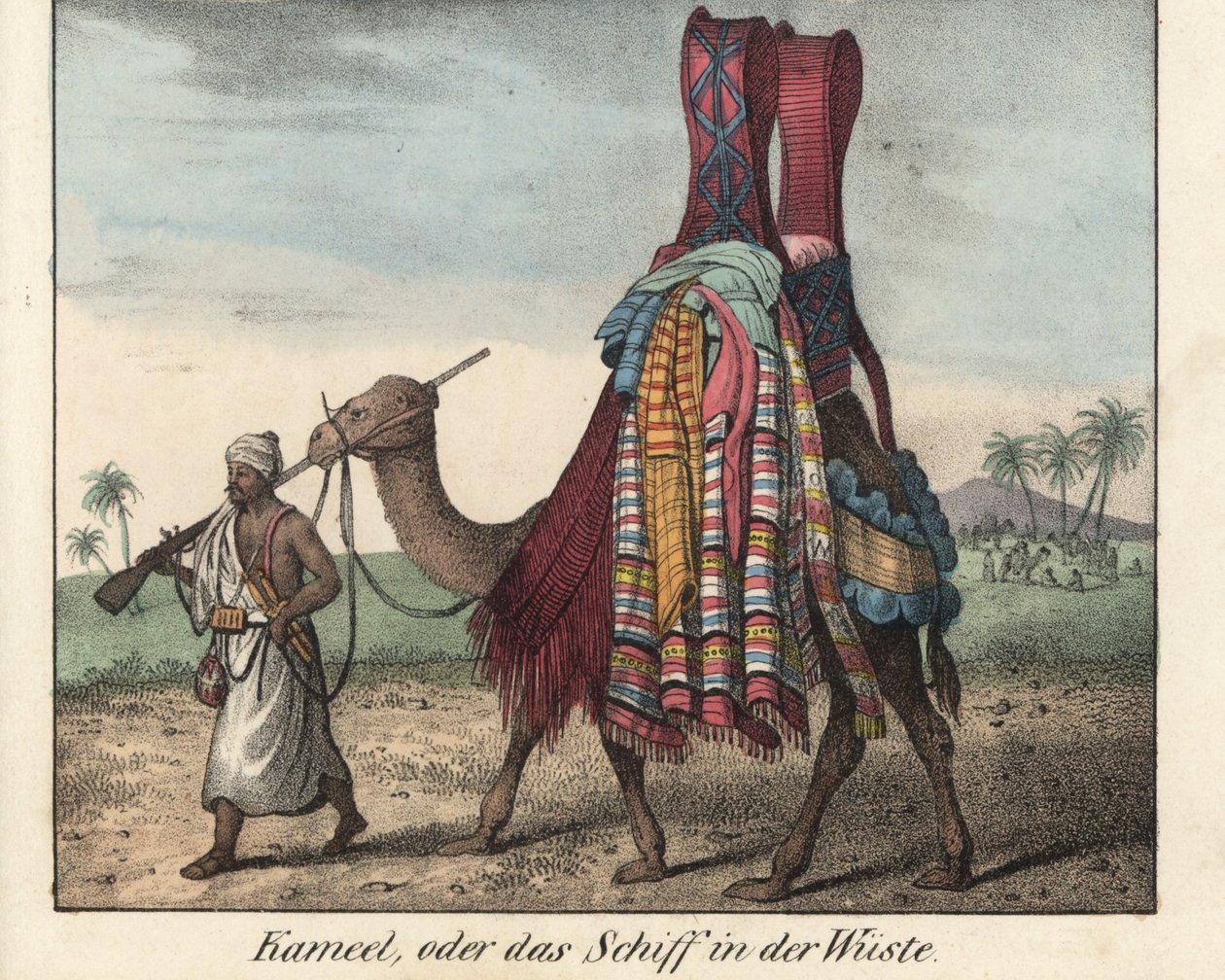 Man från Nordafrika med muskötgevär som driver en kamel med filtar. Litografi för boken: "Galerie complete en tableaux fideles des peuples d