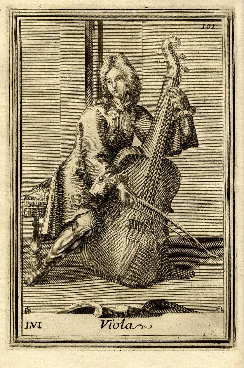 Man som spelar cello (eller "viola"). I "Gabinetto Armonico" av Filippo Bonanni, Rom av Unbekannter Künstler