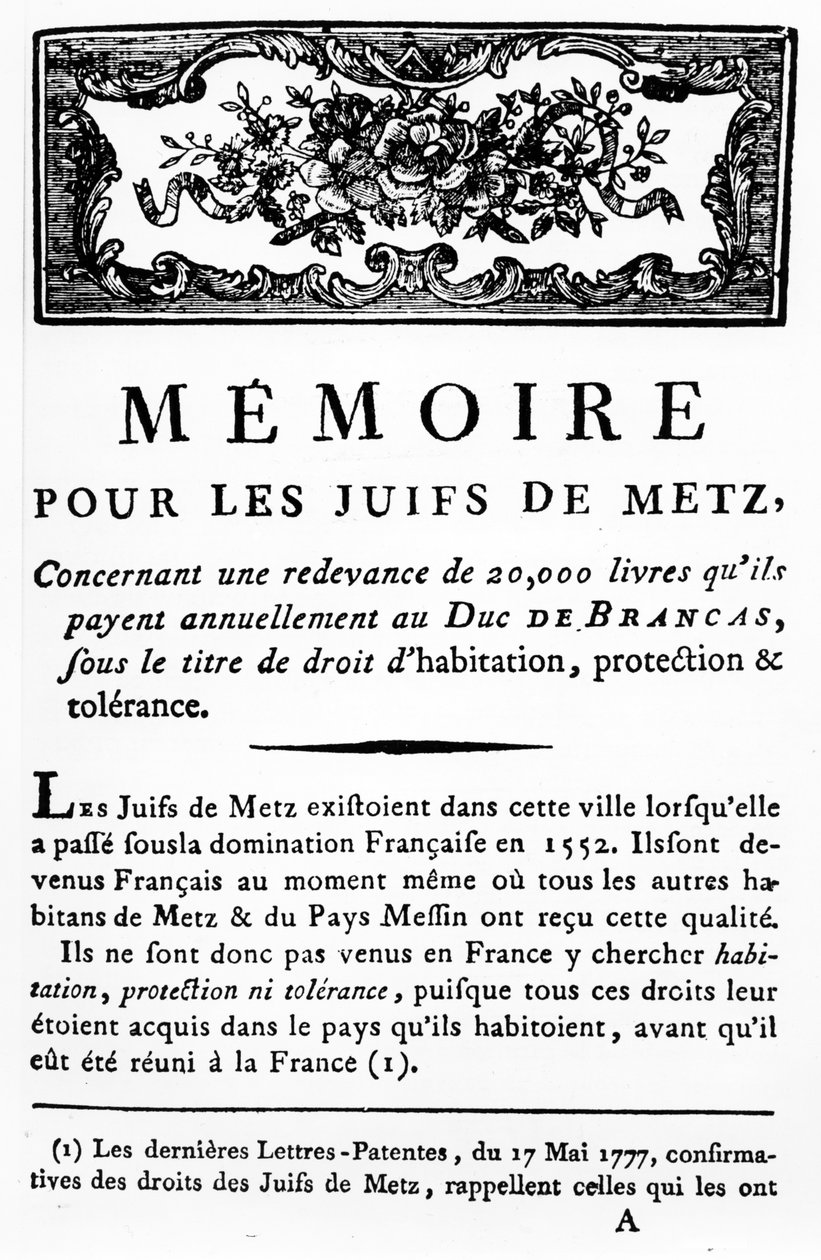 Manifest till stöd för judarna i Metz som stöder avlägsnandet av den skatt som judar ska betala till hertigen av Brancas, ca 1790 (tryckt papper) av Unbekannt