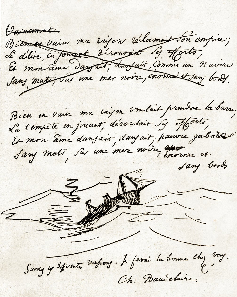 Manuskript av Charles Baudelaire, illustrerad med en teckning av en båt av Unbekannter Künstler