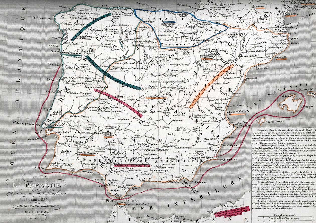 Karta över Spanien vid tiden för det germanska Hispania, 409-585 (Karta över Spanien vid tiden för det germanska Hispania) Gravyr från "Atlas Universel" av Houze av Unbekannter Künstler
