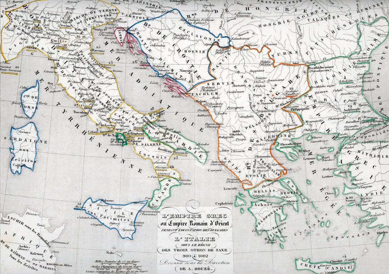 Karta över det bysantinska riket under ockupationen av Bulgarien och Italien under Otto I, Otto II och Otto III Heliga romerska kejsarens regeringstid av Unbekannter Künstler