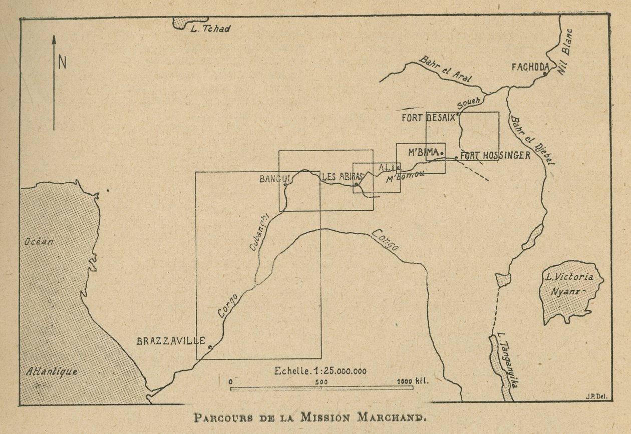 Karta som visar rutten för Marchandmissionen 1898 (litho) av Unbekannt