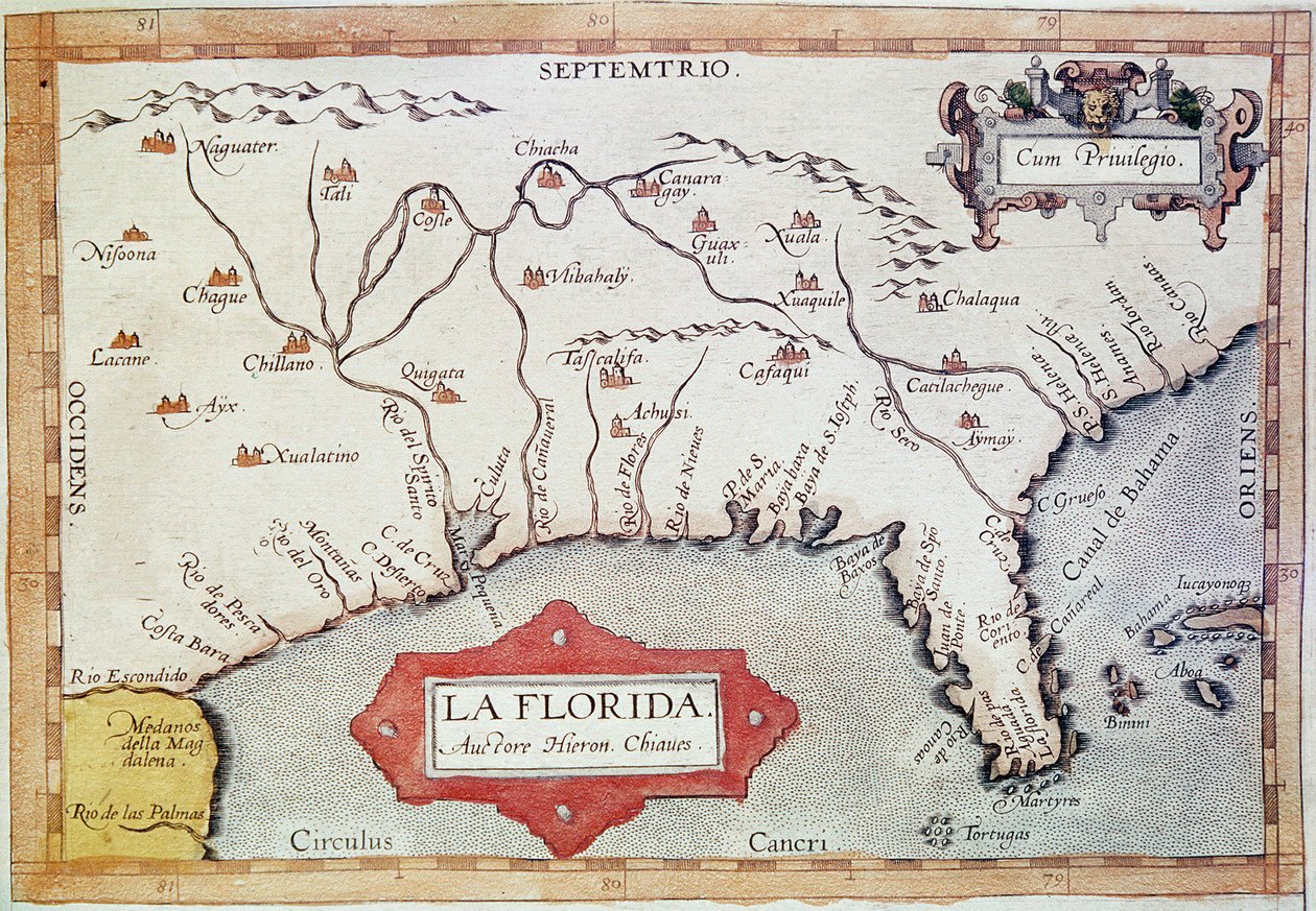 Kartläggning av "Florida". Vi kan se Kräftans vändkrets, Bahamas och Tortugasöarna. I "Teatrum Orbis Terrarum" av kartografen Abraham Ortelius (1527-1598) av Unbekannter Künstler