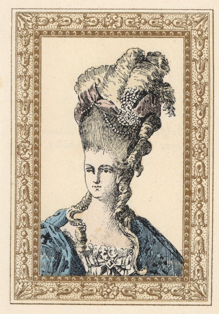 Marie Antoinette, hustru till kung Ludvig XVI av Frankrike, i en detaljerad frisyr krönt med band och pärlor av Unbekannter Künstler