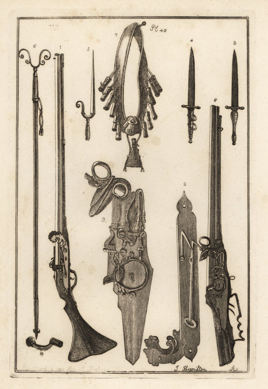 Matchlock-musköt, lås och bajonett från Tower of London 1-3, bajonett 4, muskötstöd och bajonett 5, muskötstöd 6, bandileers och puderkolv 7, hjullås 8,9 och skiftnyckel 10 av Unbekannt