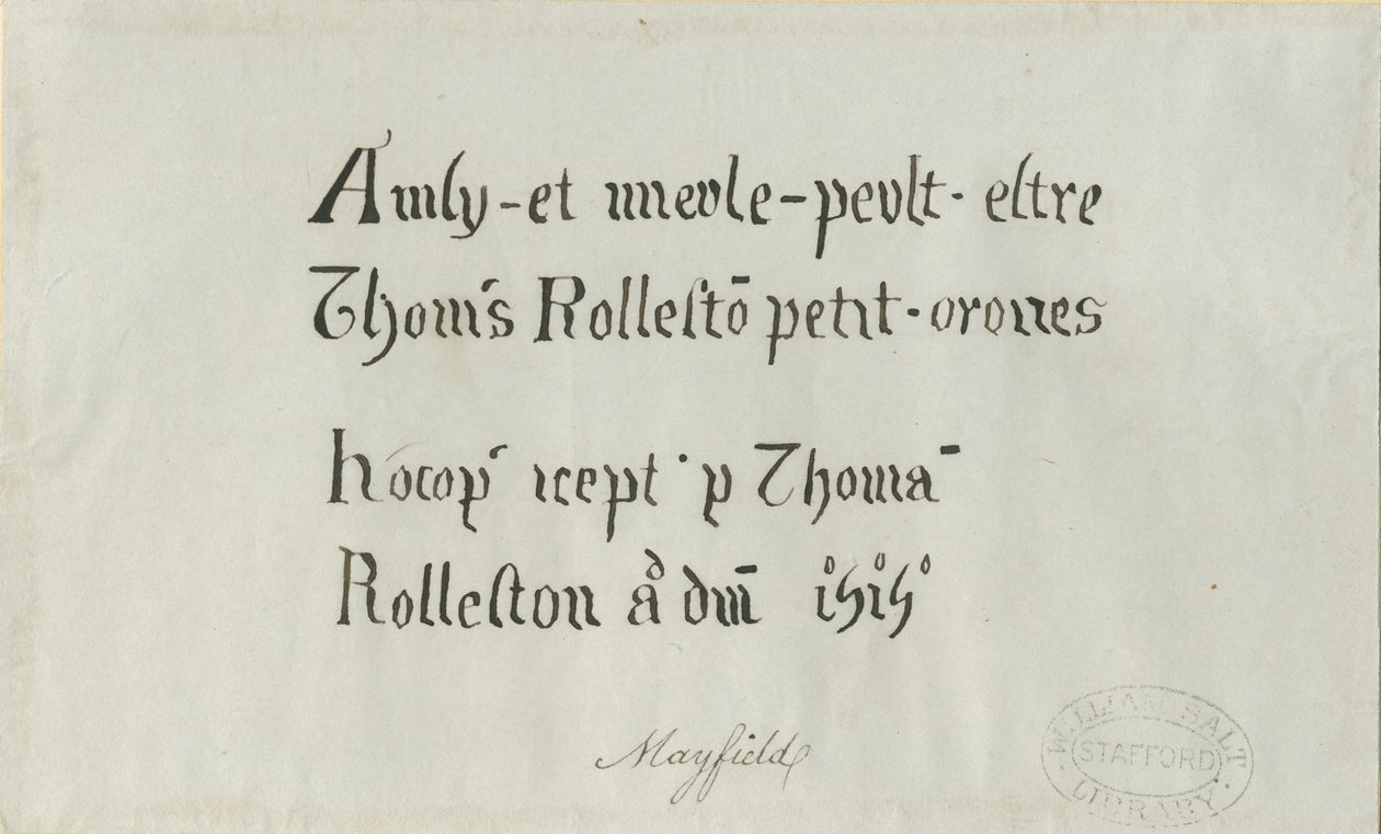 Mayfield Church - Inskription till Thomas Rolleston: pennteckning, nd [?1700-talet] av Unbekannt