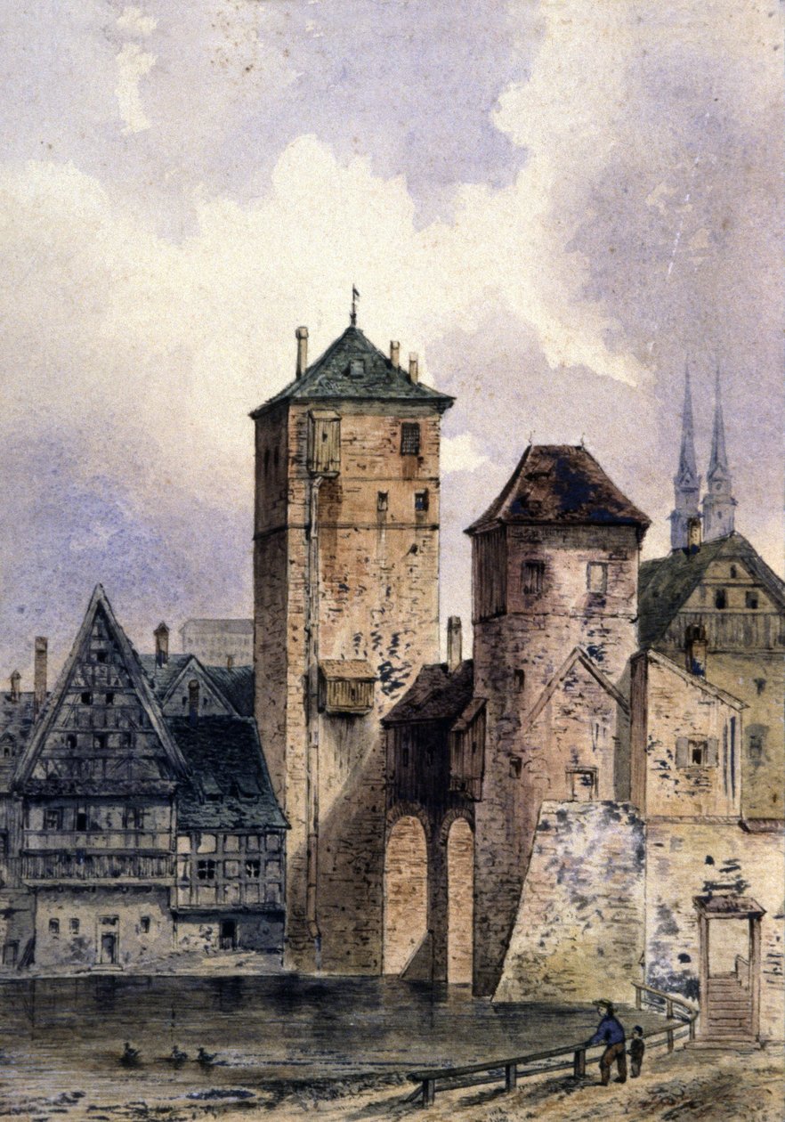 Medeltida stad vid Rhen, ca 1850-1900 (akvarell) av Unbekannter Künstler