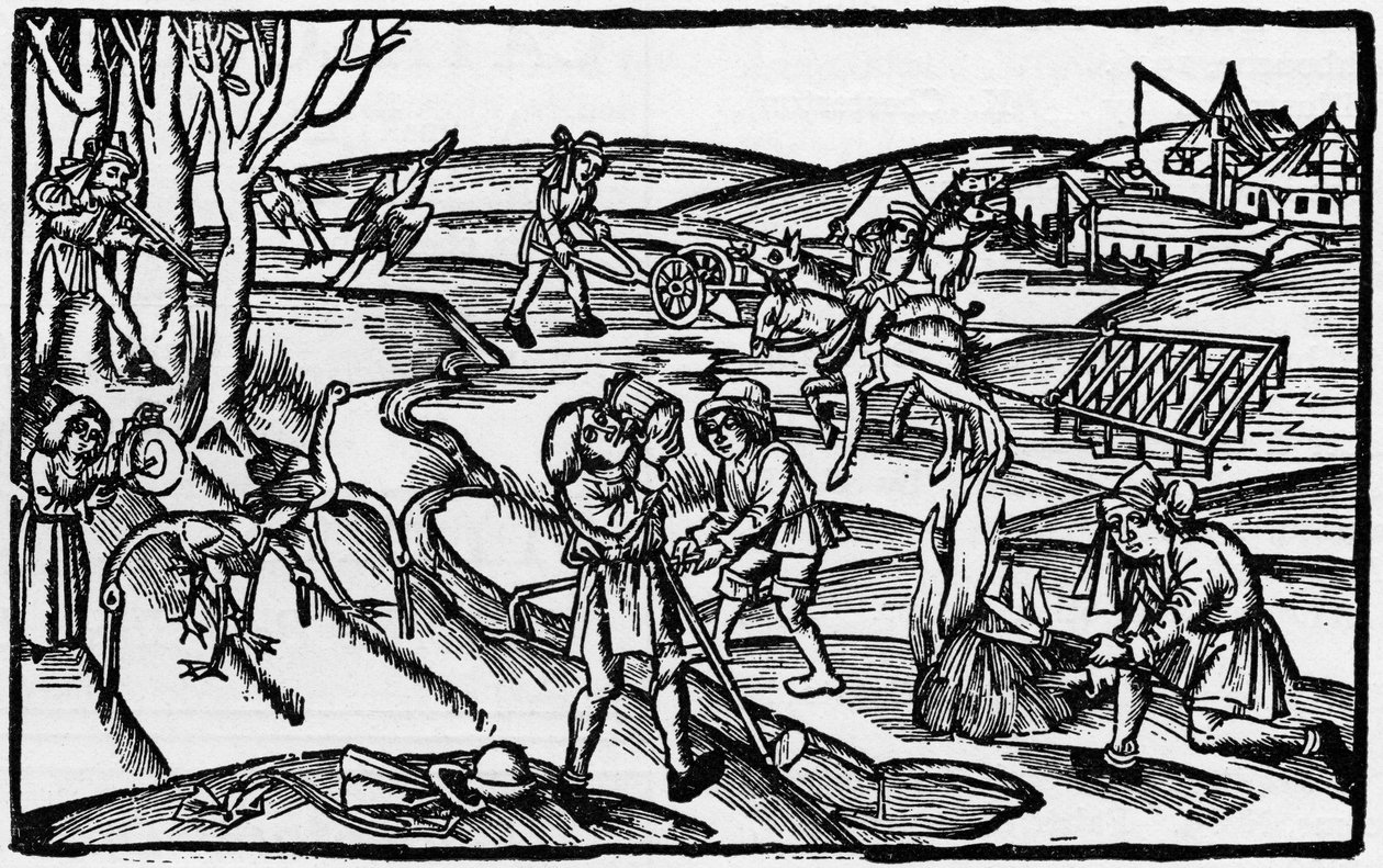 Medeltida lantliv i från 1500-talsgravyr, pub 1931 (gravyr) av Unbekannter Künstler