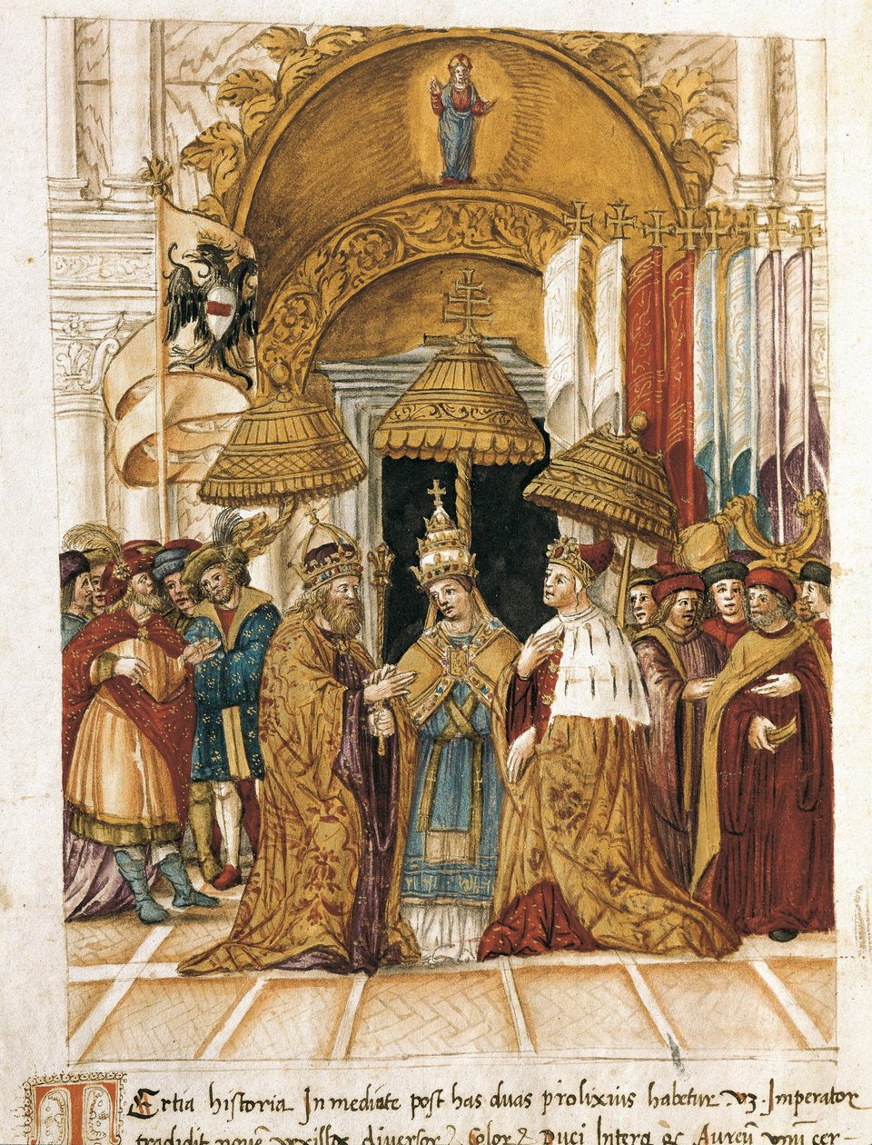 Möte mellan Fredrik Barberossa (Federico Barbarossa) och påven Alexander III (Alexander, Alessandro III) (1105-1181) i Dogepalatset i Venedig år 1177 av Unbekannter Künstler