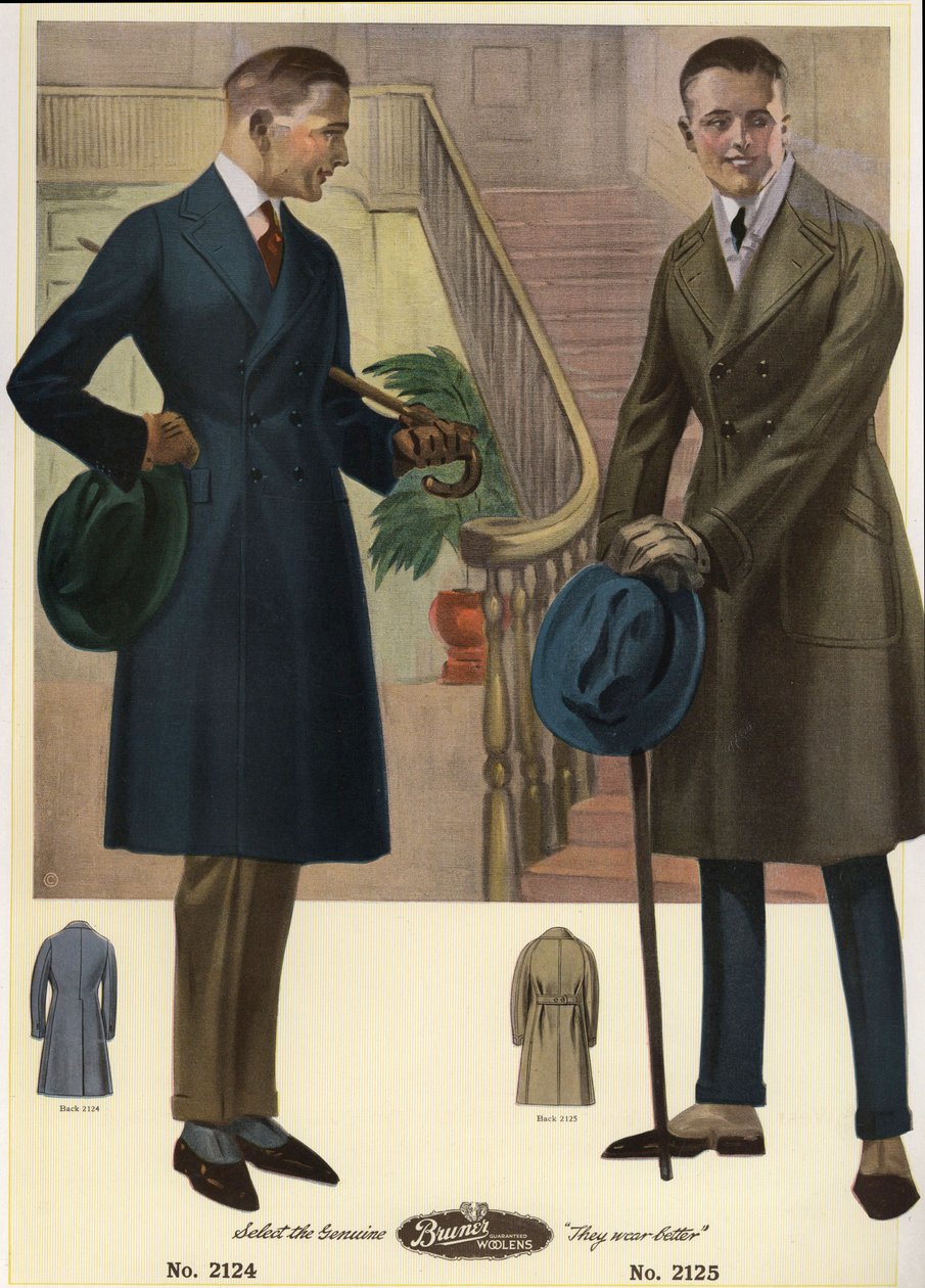 Herrmode 1920 - Män i dubbelknäppta rockar med käppar och hattar, bär spottar. Kromolitografi från en katalog över herrmode från Bruner Woolens av Unbekannter Künstler