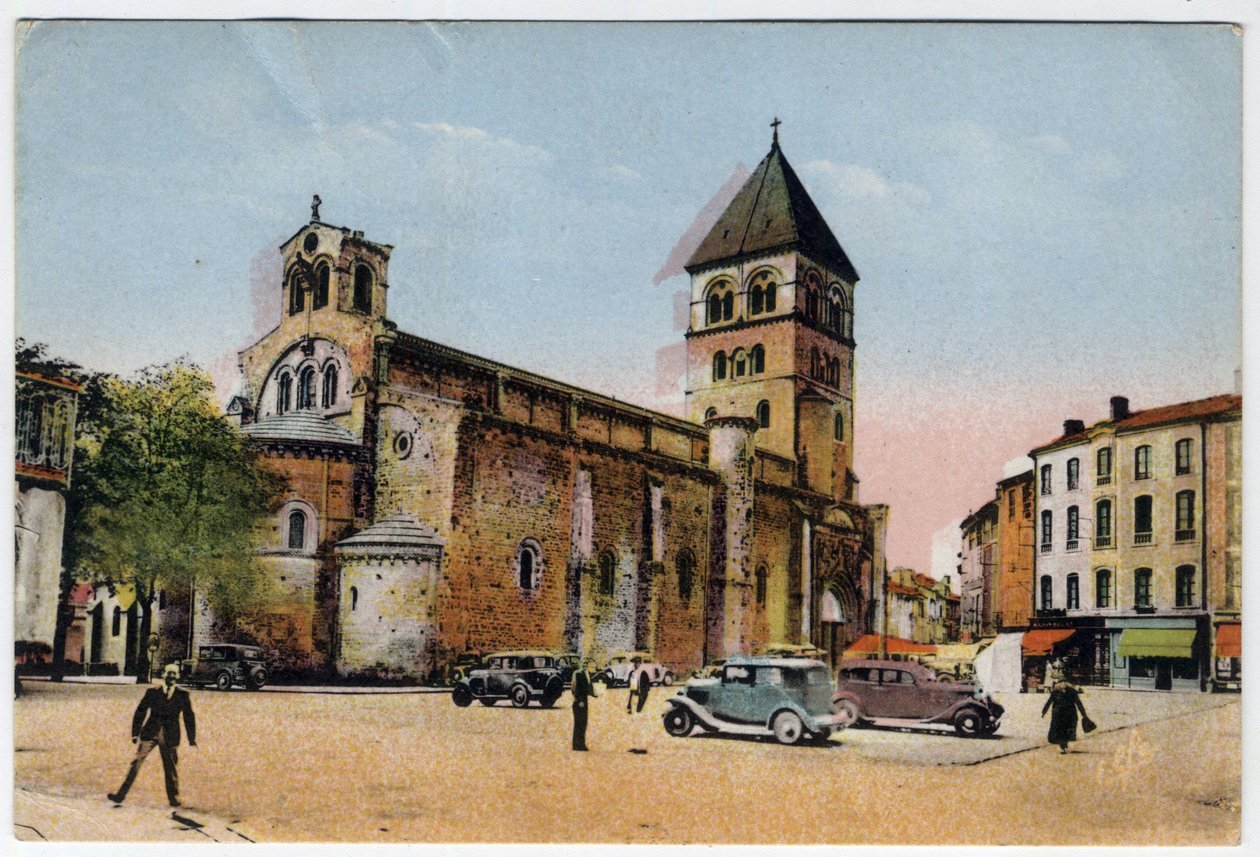 Midi Pyrenees, Haute-Garonne (31), Saint Gaudens (Saint-Gaudens): yttre vy av den kollegiala kyrkan Saint Peter och Saint Gaudens (Saint-Pierre och Saint-Gaudens) - Vykort daterat 1951 av William M. Timlin