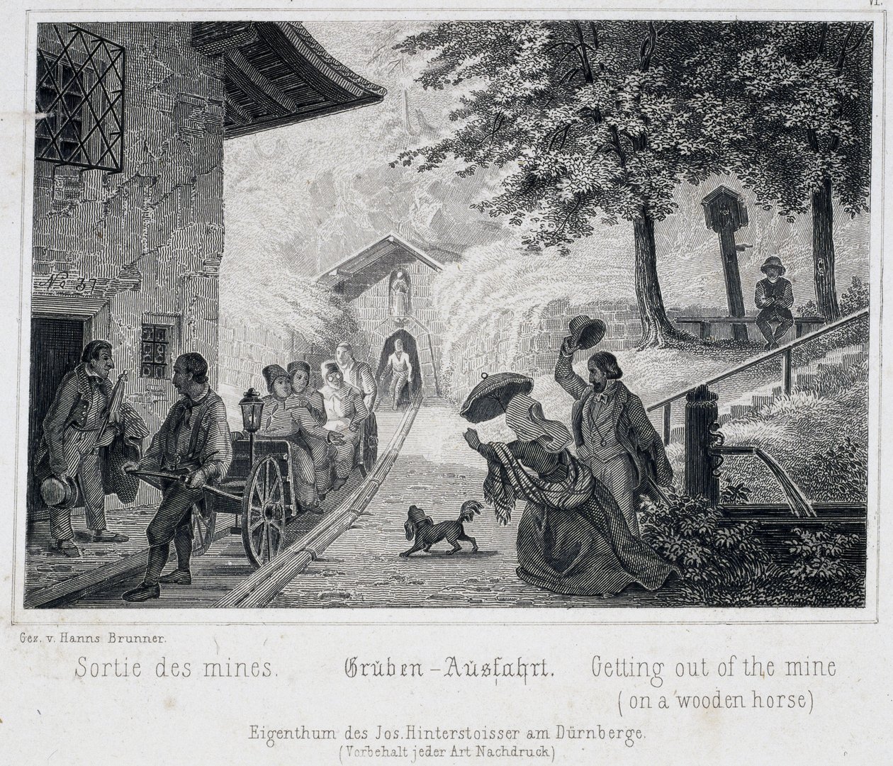 Saltgruva: turisters utgång från gruvan på ett träfordon draget på räls, i Durrnburg, Österrike, omkring 1850 av Unbekannt