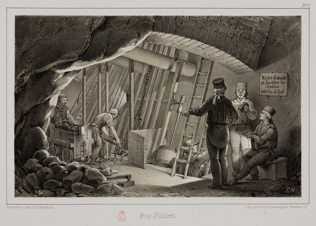 Gruvdrift, bensinstation för metallmalmer i en gruva, ca 1851 av Unbekannt
