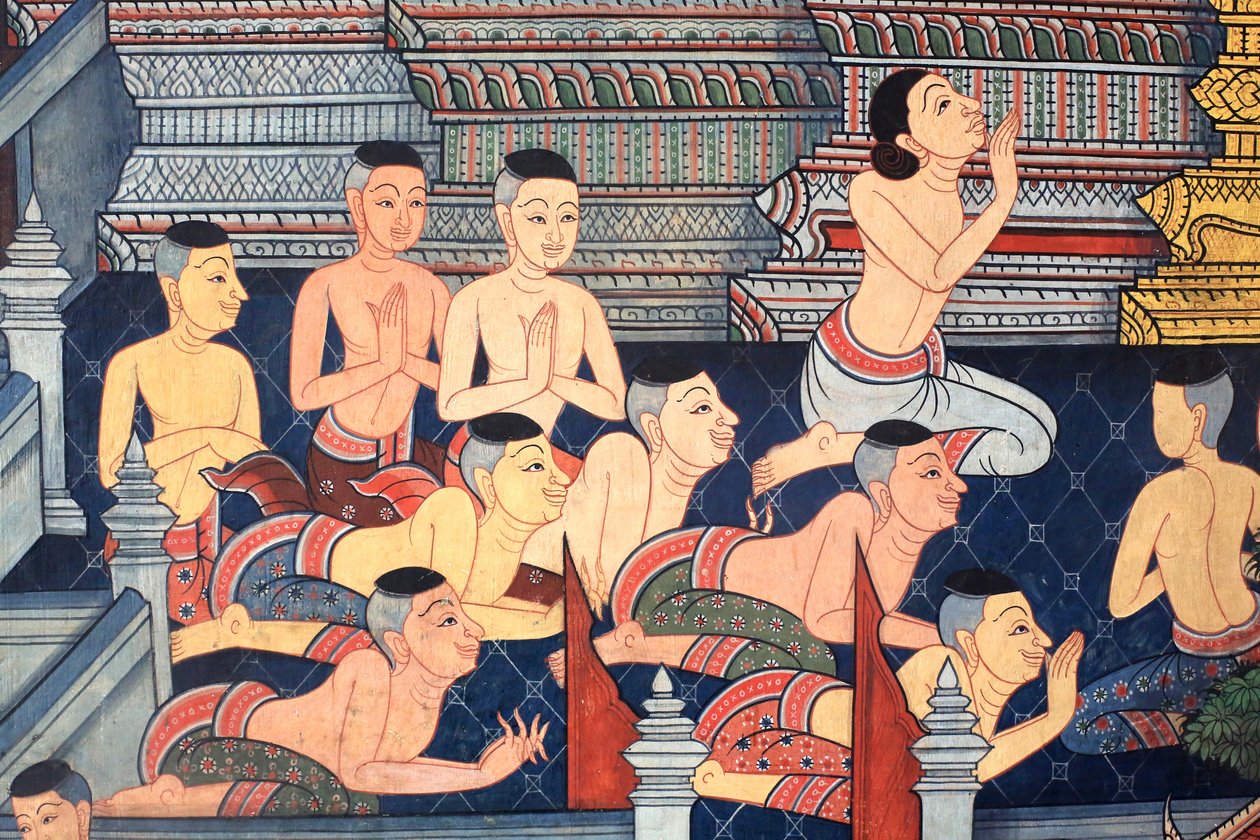 Munkar. Väggdetalj på innerväggarna i Vihara från kung Rama III:s era föreställande Ramakien. Wat Pho - Wat Phra Chetuphon. 1788. Bangkok. Thailand av Unbekannt