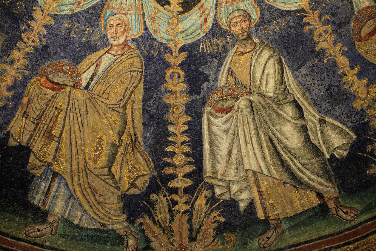 Mosaik av taket i Baptistery of Neon. Detalj av processionen av de tolv apostlarna som fortsätter runt mittmosaiken i två riktningar, som slutar med att Sankt Peter möter Sankt Paulus. 500-talet, Ravenna, Italien. Registrerad som UNESCO World Heri av Unbekannt