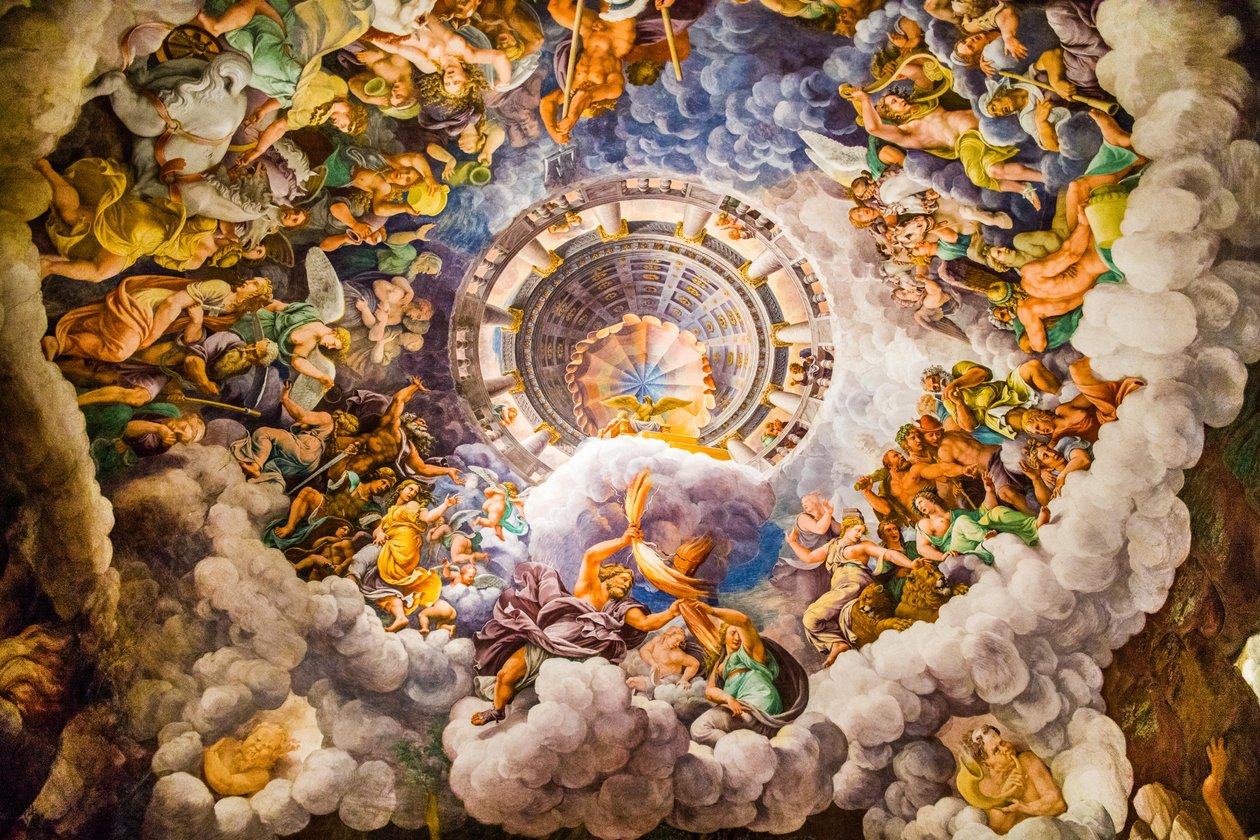 Manierismens mest kända fresk: Giulio Romanos illusion uppfinner en kupol och löser upp rummets arkitektur i jättarnas fall, jättarnas hall av Unbekannter Künstler