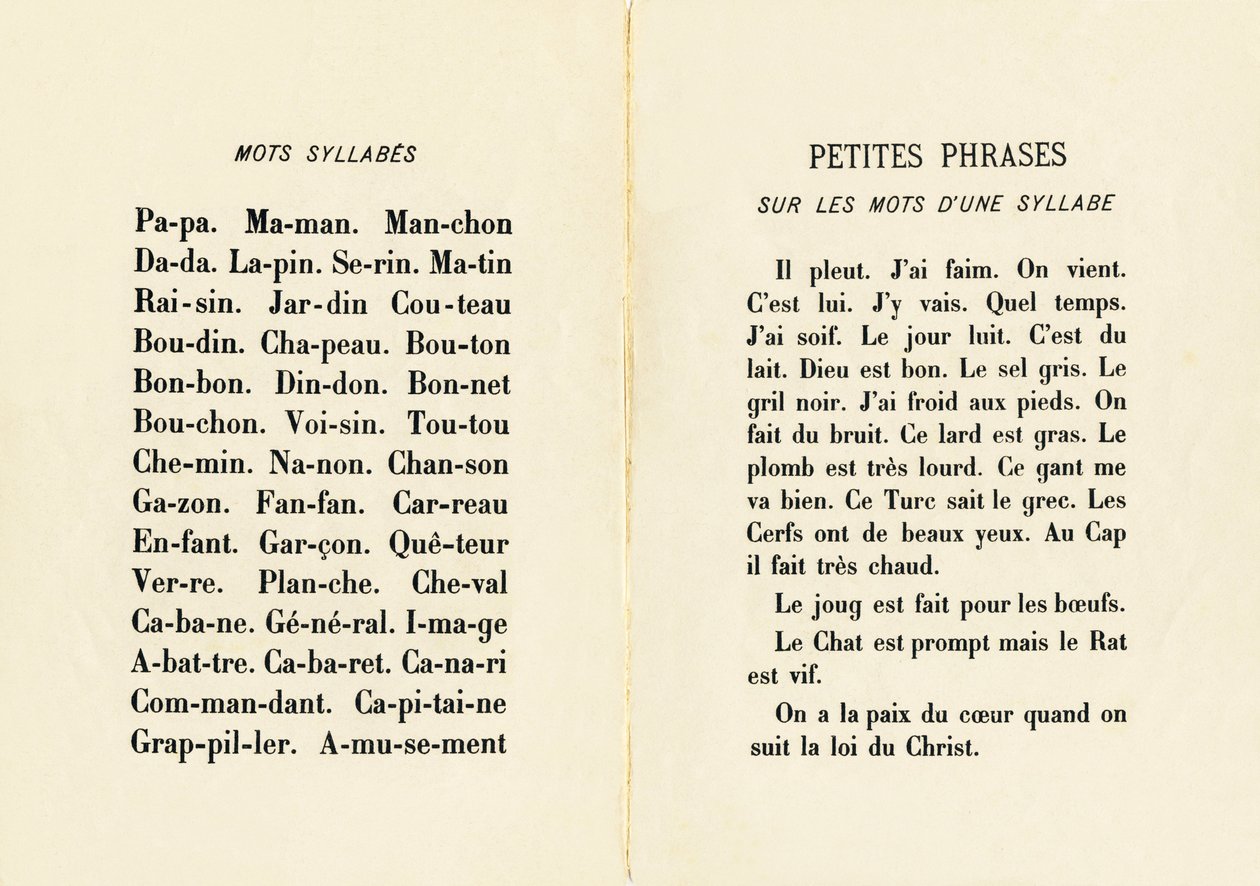 Ord stavelser och små meningar på orden i en stavelse - Gravyr extraherad från ABCD av de små flickorna. Pellerin & Cie, tryckare-förlag, Epinal, omkring 1890. Serie A. Mått: 19 x 13,5 cm. av Unbekannt