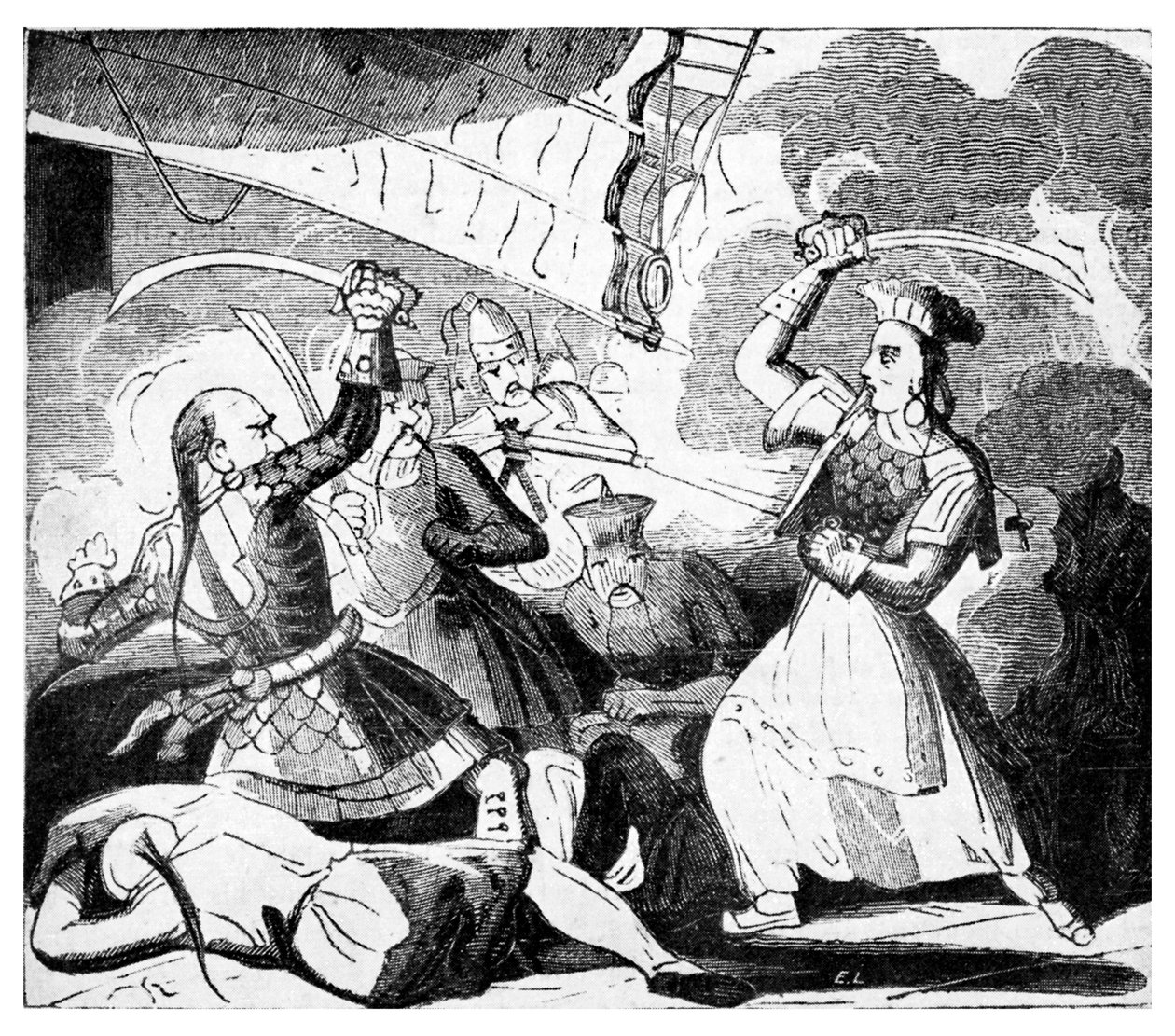 Mrs Ching svingar ett svärd, ca 1810 (gravyr) av Unbekannter Künstler