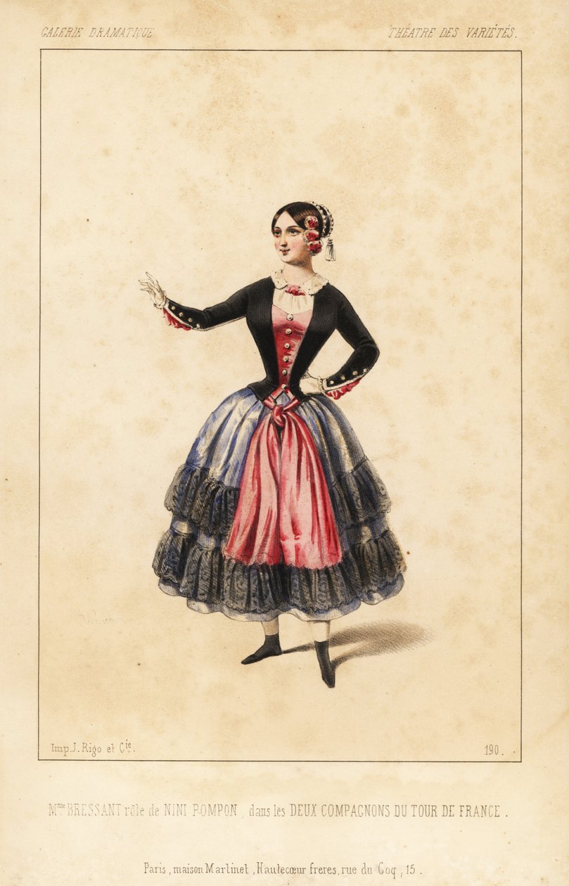 Fru Elisabeth Augustine Bressant som Nini Pompon i les Deux Compagnons du Tour de France av Lockroy och Wailly, Theatre des Varietes av Unbekannter Künstler