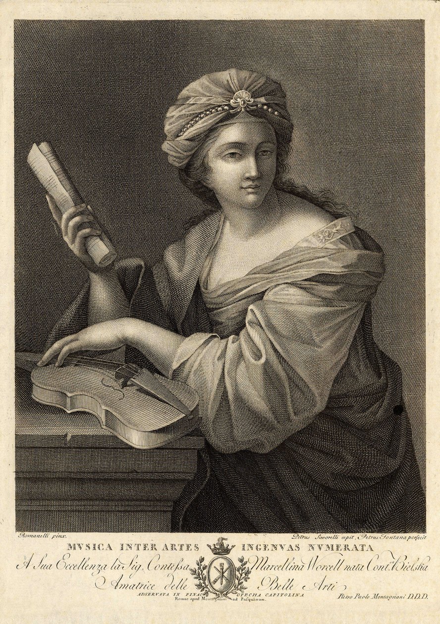 Musica inter artes ingenua numerata, Gravyr av Pietro Savorelli efter en målning av Giovanni Francesco Romanelli, barockmålare på 1700-talet. av Unbekannter Künstler
