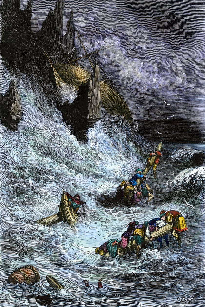Myter och legender: Sinbad (Sindbad) och hans följeslagare efter de 1001 nätterna (tusen och en natt). Gravyr i färg av Gustave Dore. av Unbekannter Künstler