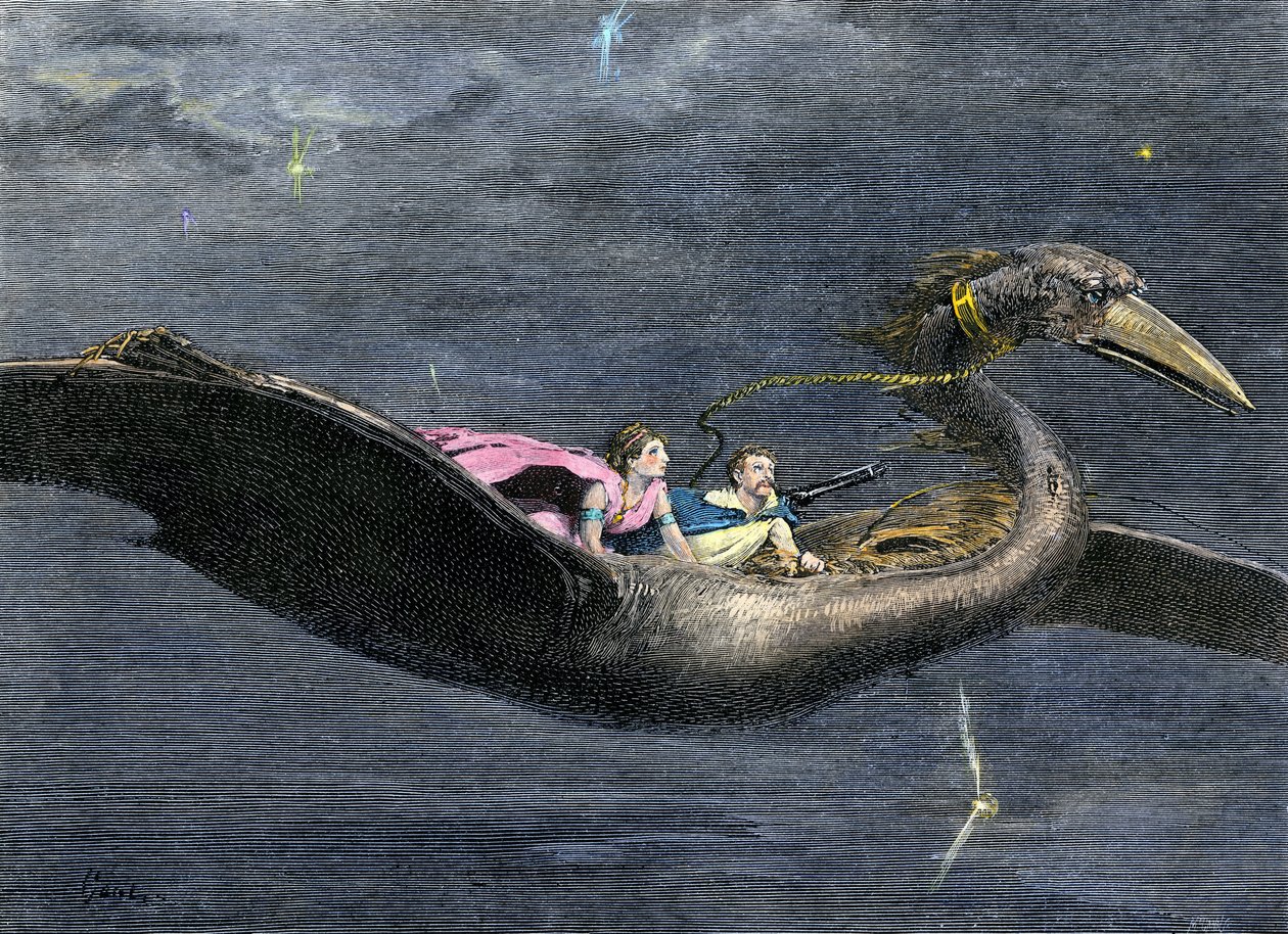 Myter och legender: Rokh eller Roc (jättefågel i arabisk-persisk mytologi. Den förekommer i delar av Tusen och en natt). Kolorerad gravyr från 1800-talet. av Unbekannter Künstler