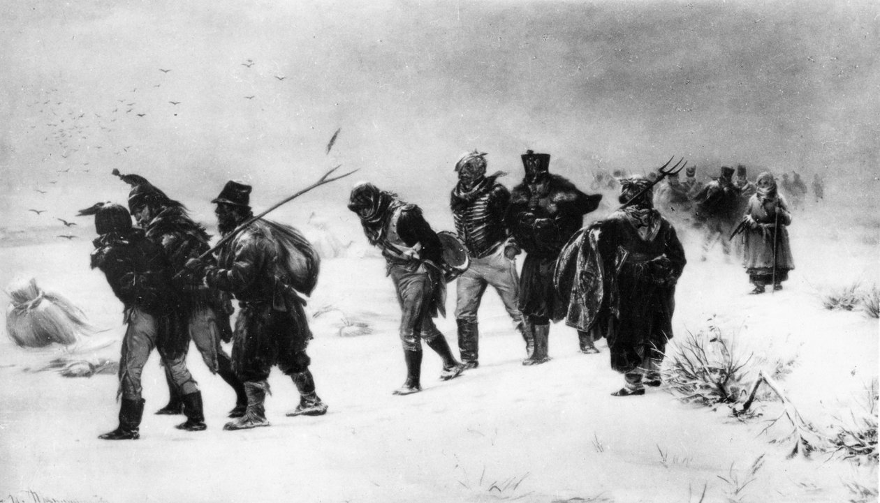 Napoleonkriget 1812, franska arméns reträtt 1812, från en målning av Pryanishnakov. av Unbekannt