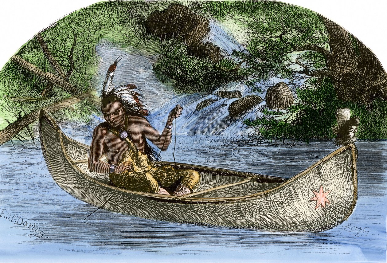 Ursprungsbefolkning i Amerika: Indianer. Hiawatha fiskar i en kanot. Färggravyr från 1800-talet. av Unbekannter Künstler