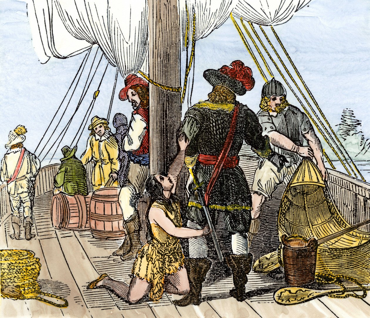 Ursprungsbefolkning i Amerika: Indianer. Pocahontas tillfångatagen ombord på ett skepp från Jamestown. Färggravyr från 1800-talet. av Unbekannter Künstler