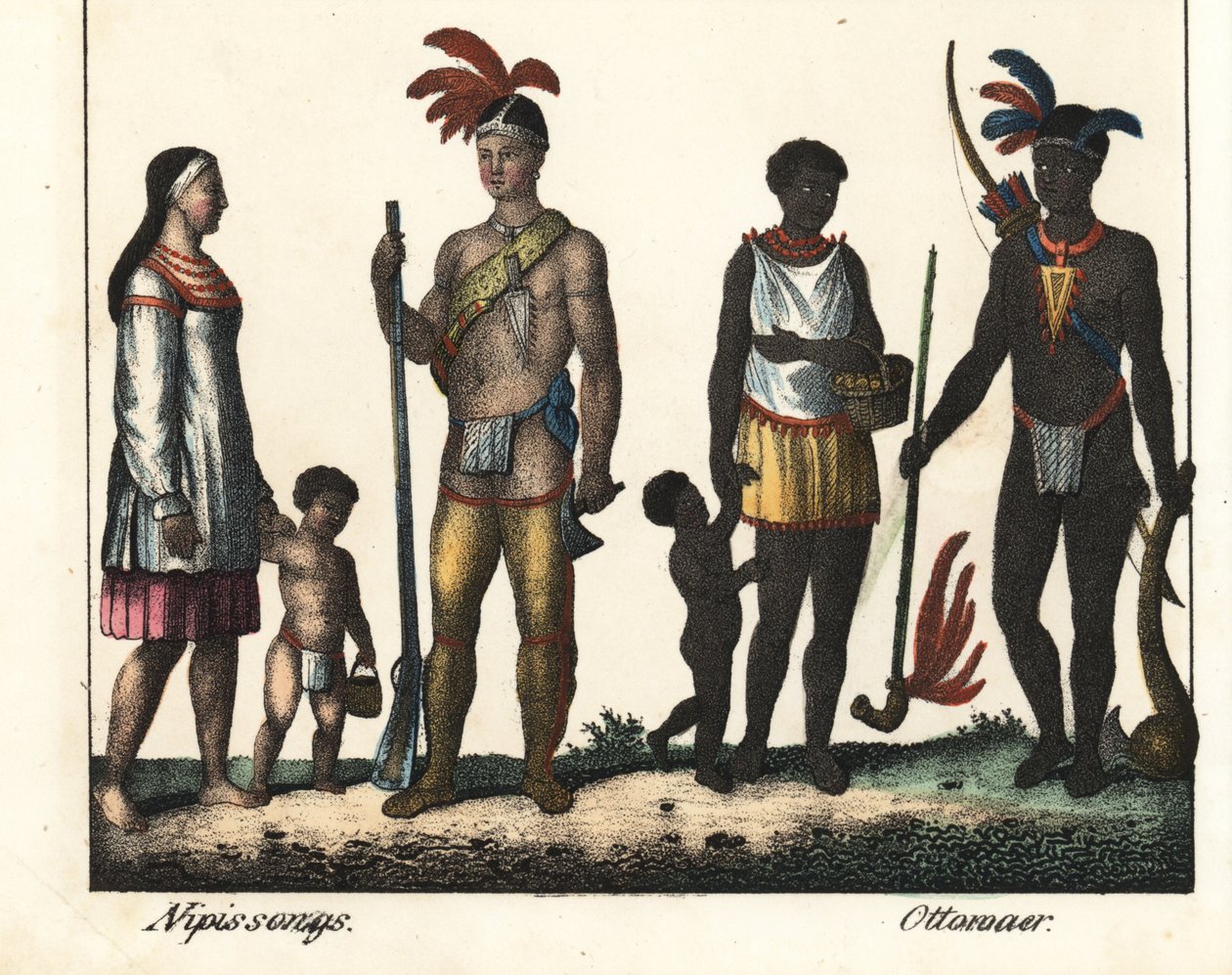 Infödda i Kanada: en indianfamilj från Lake Nipissing och en indianfamilj från Ottawa-området. Litografi för boken: "Galerie complete en tableaux fideles des peuples d