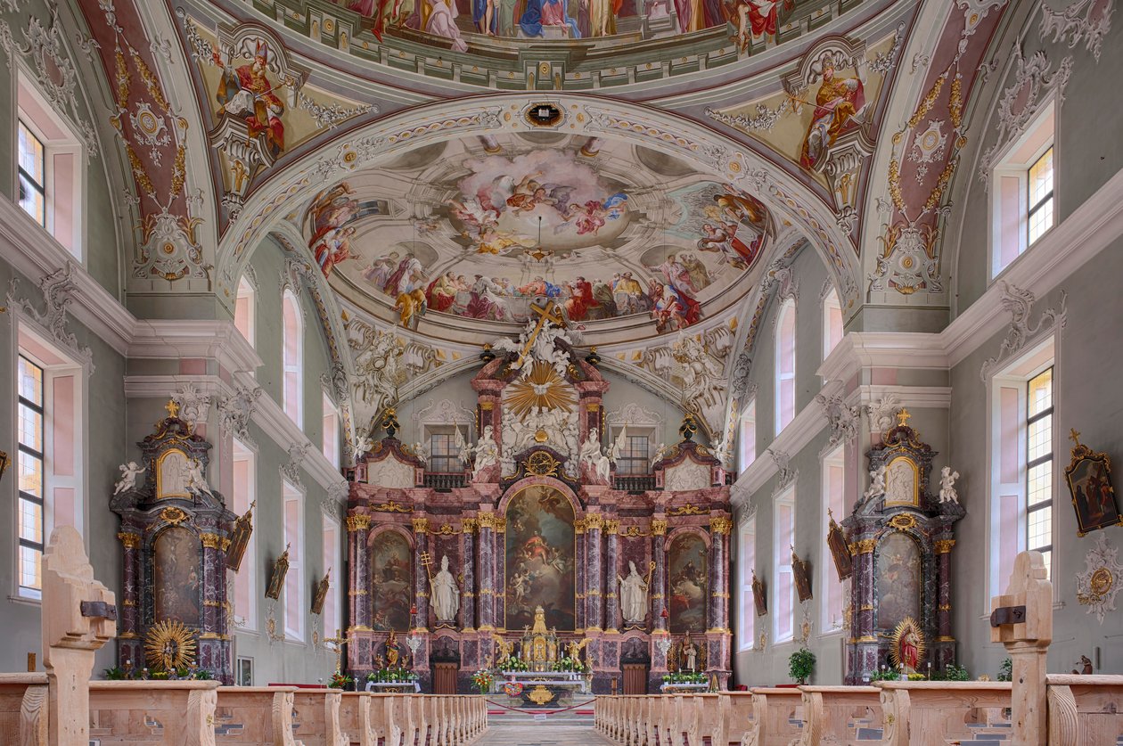 Vagn, altare, takmålning, interiörfotografi, St. George Catholic Parish Church, Neustift, Stubaidalen, Tyrolen, Österrike, Europa (foto) av Unbekannter Künstler