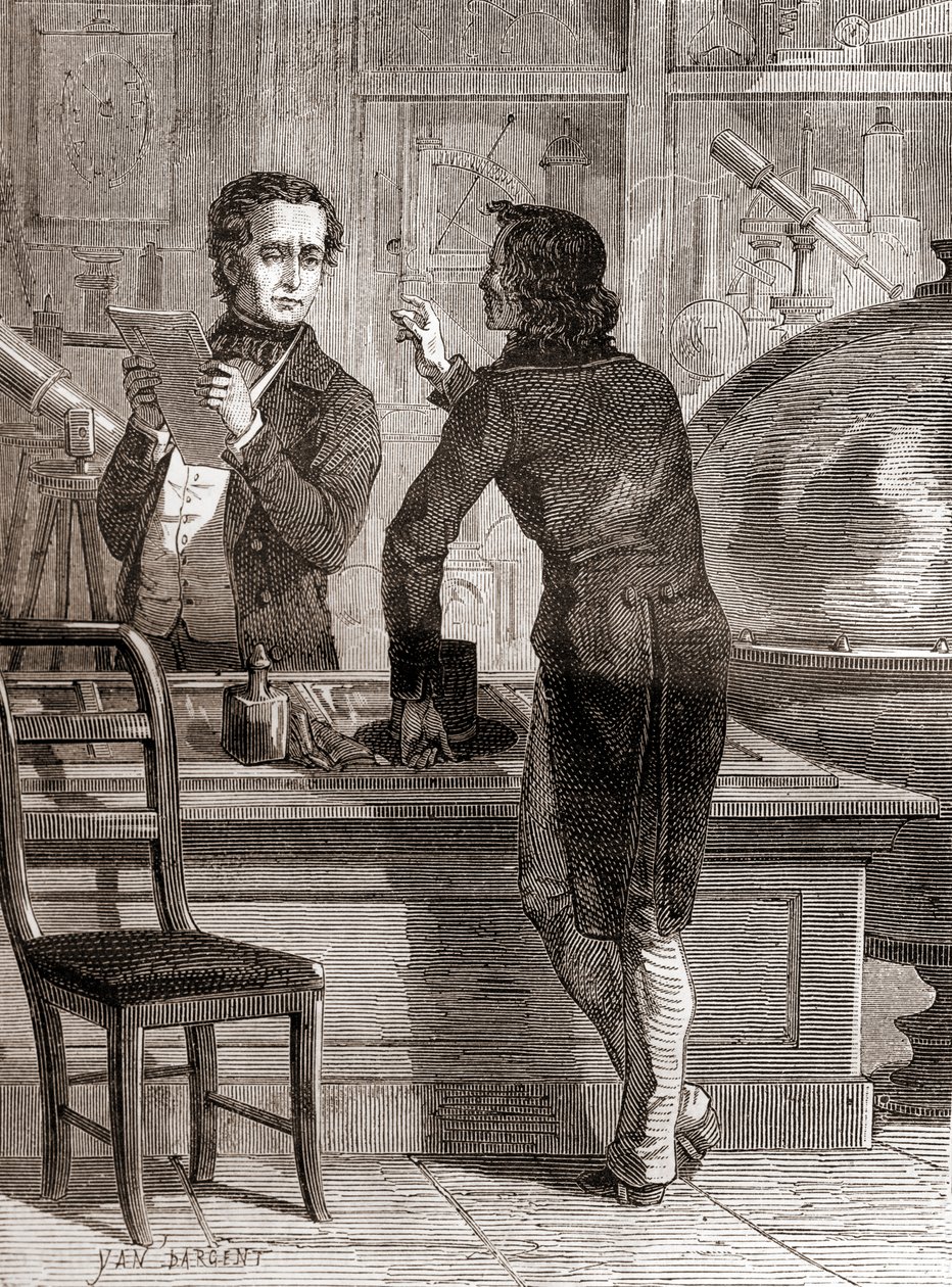 Nicéphore Niépce, även om den fortfarande är okänd och fattig, i Charles Chevaliers optik- och instrumentaffär, från Les Merveilles de la Science, publicerad ca 1870 (gravyr) av Unbekannt