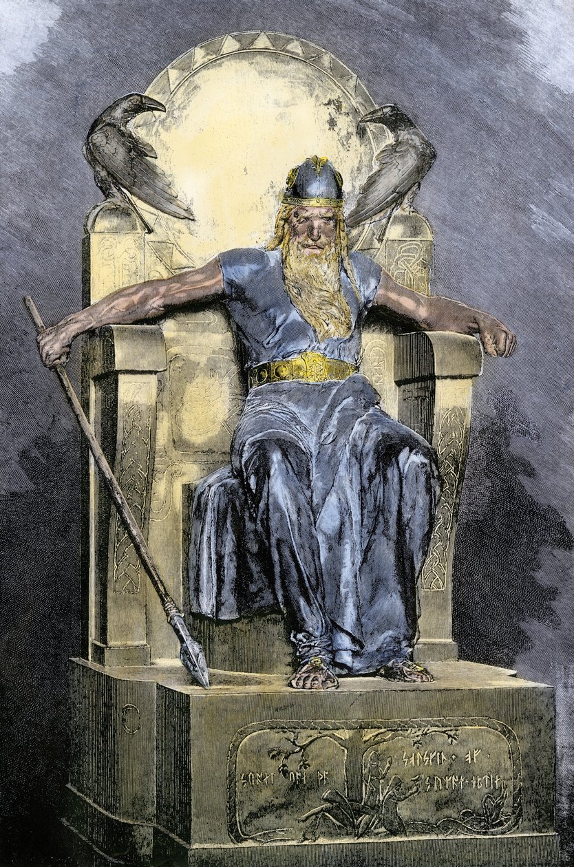 Nordisk mytologi: representation av gudomen Wotan (Odin). Färggravyr från 1800-talet. av Unbekannter Künstler