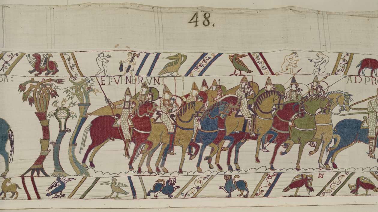Normandiska soldater lämnar Hastings för att slåss med Harold, Bayeux Tapestry (ullbroderi på linne) av Unbekannt