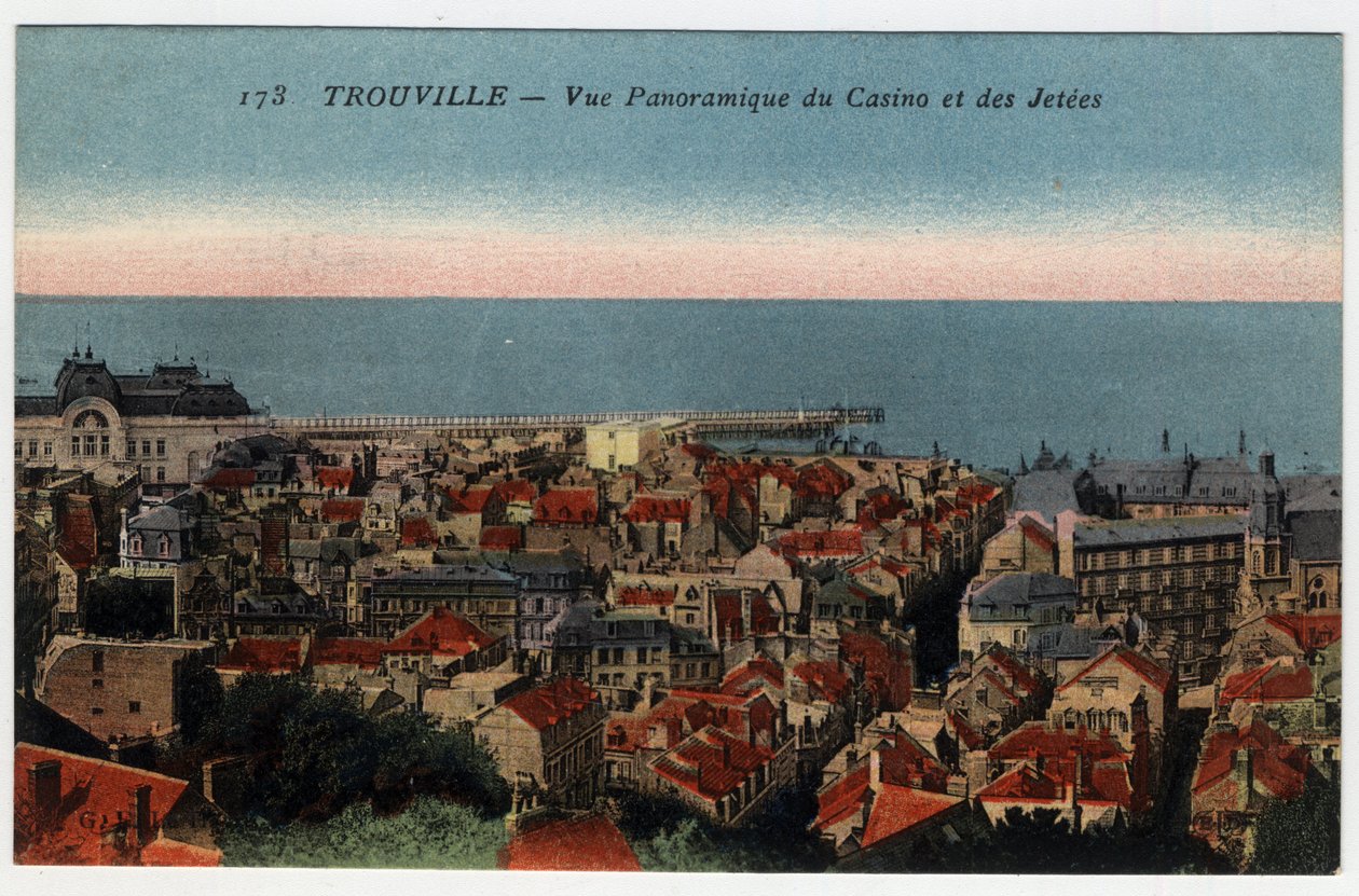 Normandie, Calvados (14), Trouville: panoramautsikt över kasinot och bryggorna - Vykort sent 1800- och 1900-tal av William M. Timlin