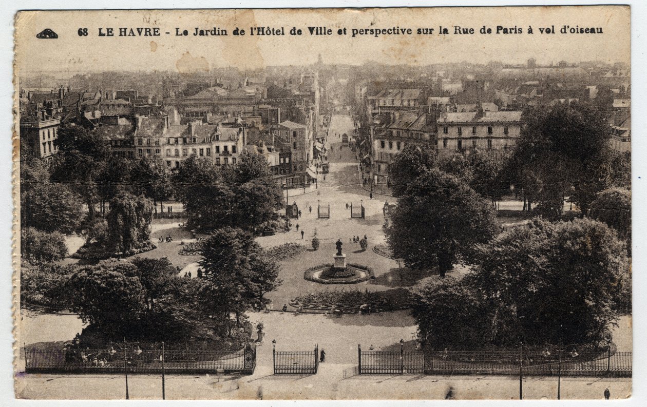 Normandie, Seine Maritime (76), Le Havre: stadshusets trädgård och perspektiv på rue de Paris - Vykort sent 1800- och 1900-tal av William M. Timlin