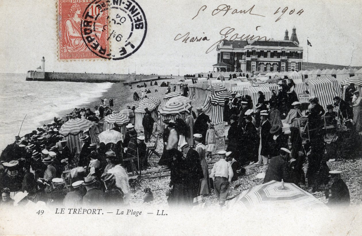 Normandie, Seine Maritime (76), Treport: massan av semesterfirare på stranden och kasinot i bakgrunden - Vykort daterat 1904 av William M. Timlin