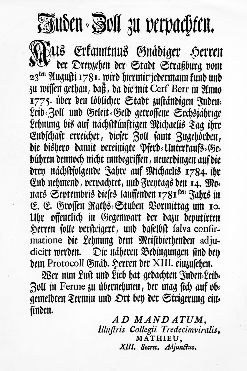Anmälan från Strasbourgs styrande organ för de tretton (Tredecim Viri) om en offentlig auktion över rätten att ta ut "Juden Zoll" i tre år av Unbekannt