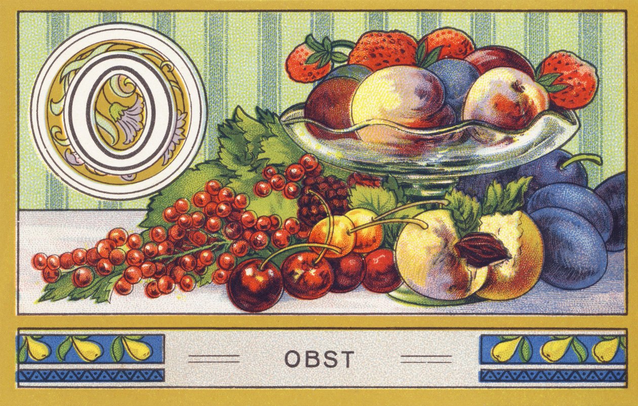 O : Frukt - Alphabet Palmin. Serie av kromolitografier redigerade av H. Schlinck & Cie, Hamburg, s.d. . Publicite pour Palmin finaste kokosfett. Mått: 7 x 11 cm av William M. Timlin