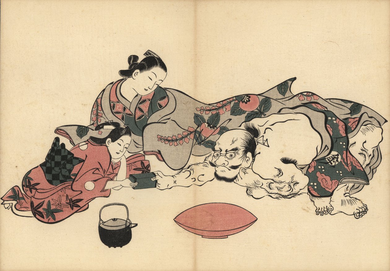 En kurtisan från Oiran tittar på ett styrkeprov mellan sin kamuro (tjänsteflicka) och Kinpira, den berömde starke mannen. En kanna med sake och en dryckesskål framför. Träsnitt av Masanobu Okumura (1686-1764) från Fuzoku Emakimono, bildrulle från vattenhan av Unbekannter Künstler