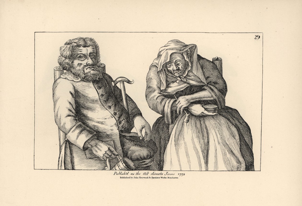 Gamle Darby med tom tankard och Joan med sin tobakspipa. Kopparstick efter en satirisk illustration av Timothy Bobbin (John Collier) (1708-1786) från Human Passions Delineated, John Haywood, Manchester av Unbekannter Künstler