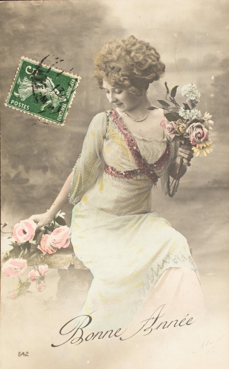 Gammalt vykort/Gott år/Wish/Woman Belle Epoque av William M. Timlin